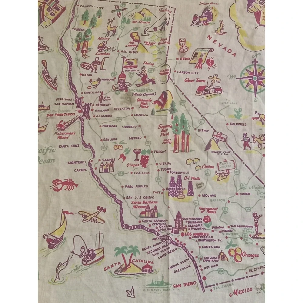 Vintage Sayers California State Map Souvenir Tablecloth Retro MCM Linen Blend